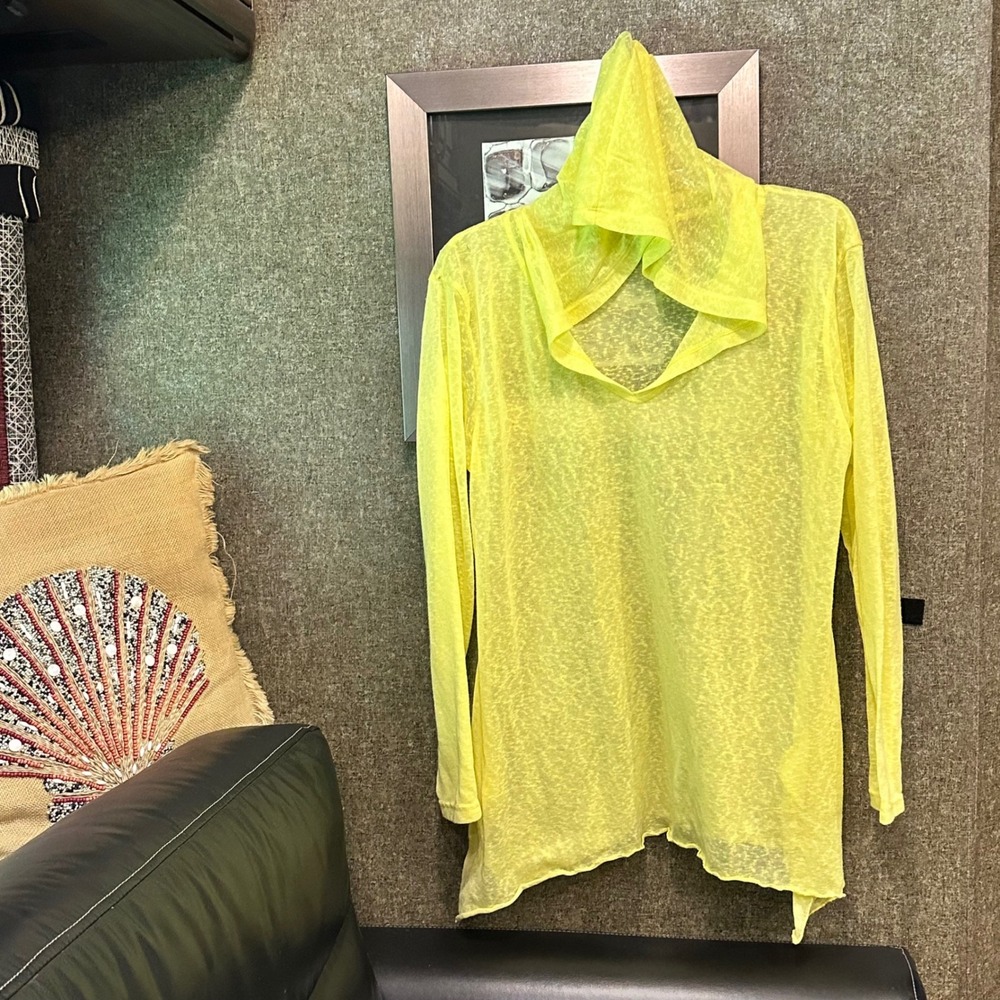 INGEAR Women Neon Yellow Sheer Slub Knit Hooded Tunic Sharkbite Hem Cover Up
